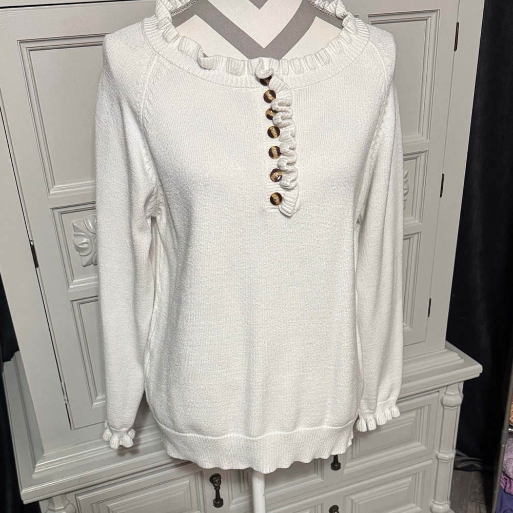 BTFBM Women's White Ruffled Sweater with Brown Buttons Size Small